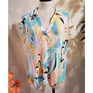 Rachel Zoe Womens 100% Linen Split Neck Short Sleeve Top Size XL Artsy Abstract